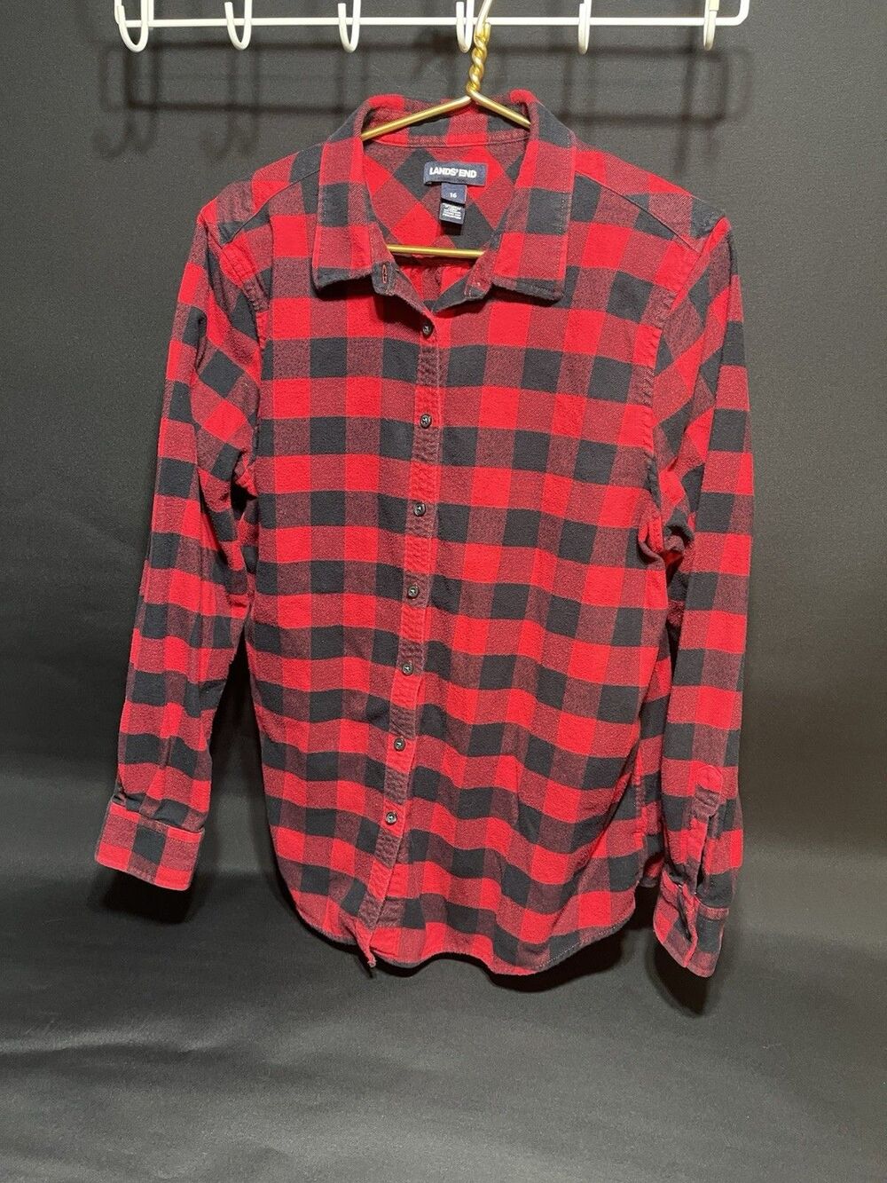 Lands End Boys Red & Black Plaid Flannel Size 16 #0269